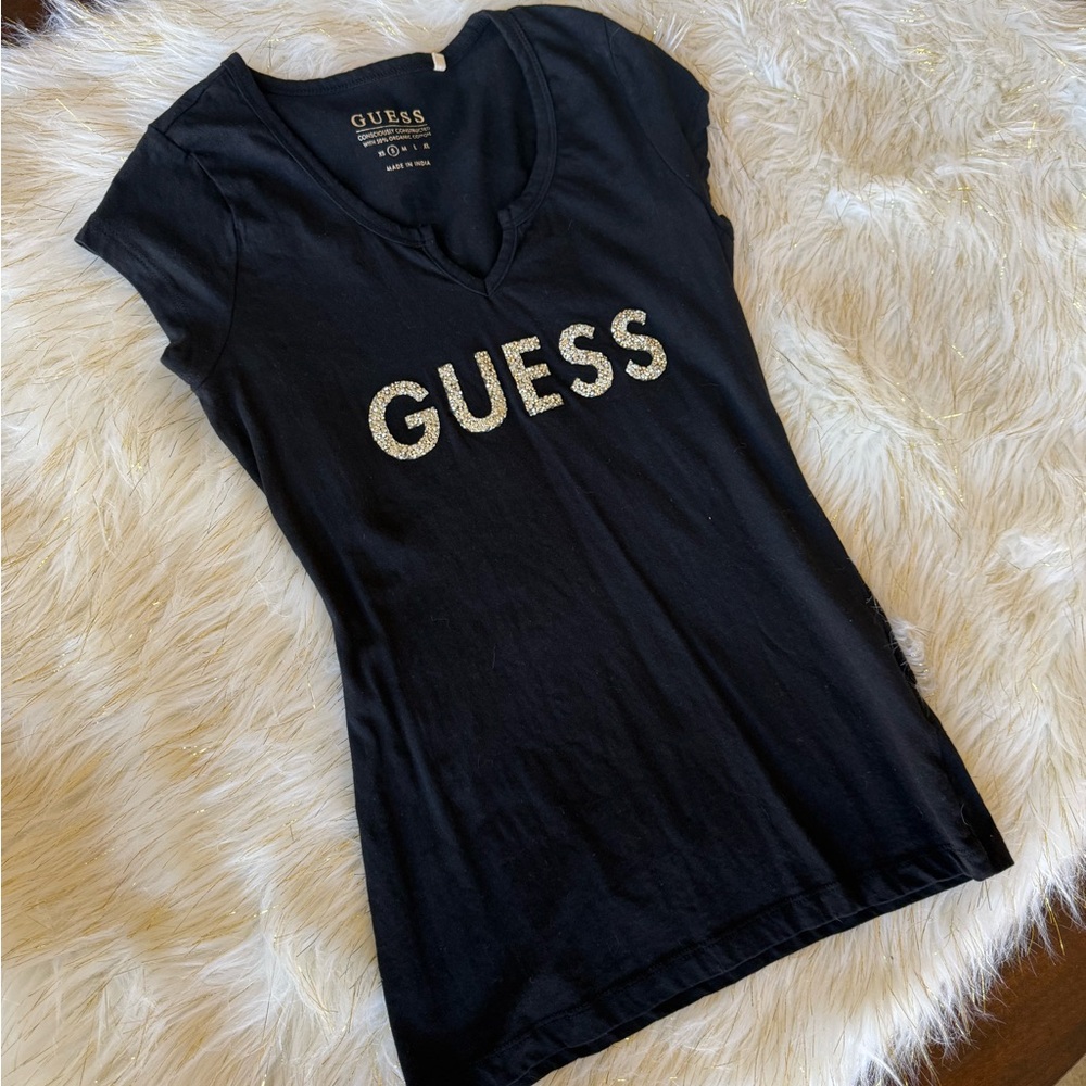 GUESS Black Short Sleeve Tee with Glitter Logo